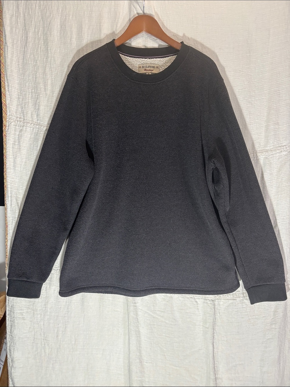 BC Clothing Heritage Mems Waffle Knit Thermal Crew Sweatshirt Black XL Sherpa